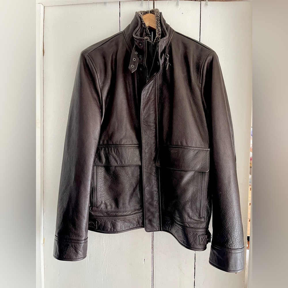 COLE HAAN pebbled brown leather moto jacket